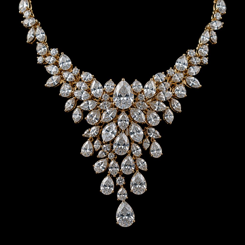 Diamond cascade necklace in gold settings