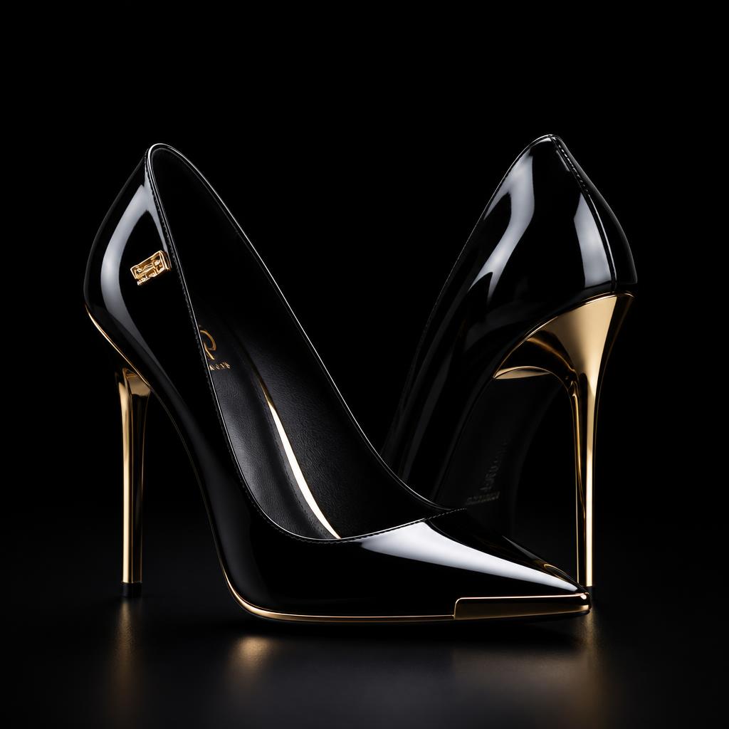 Black patent leather stiletto heels with gold heel