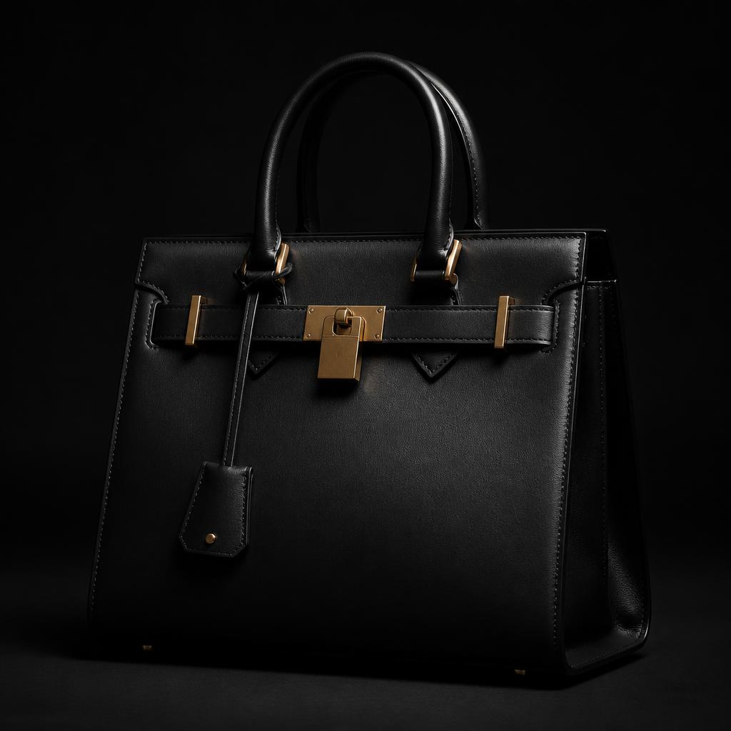 Black calfskin tote with brushed gold hardware